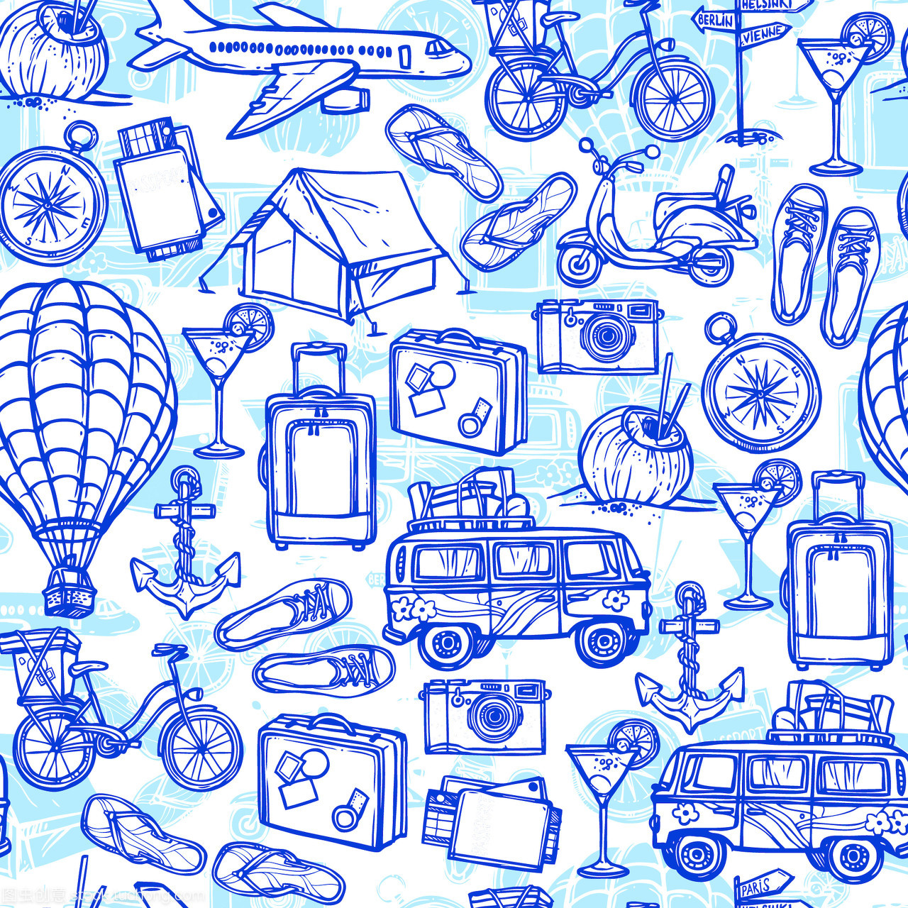 旅游假期蓝手画无缝图案与旅游交通矢量图